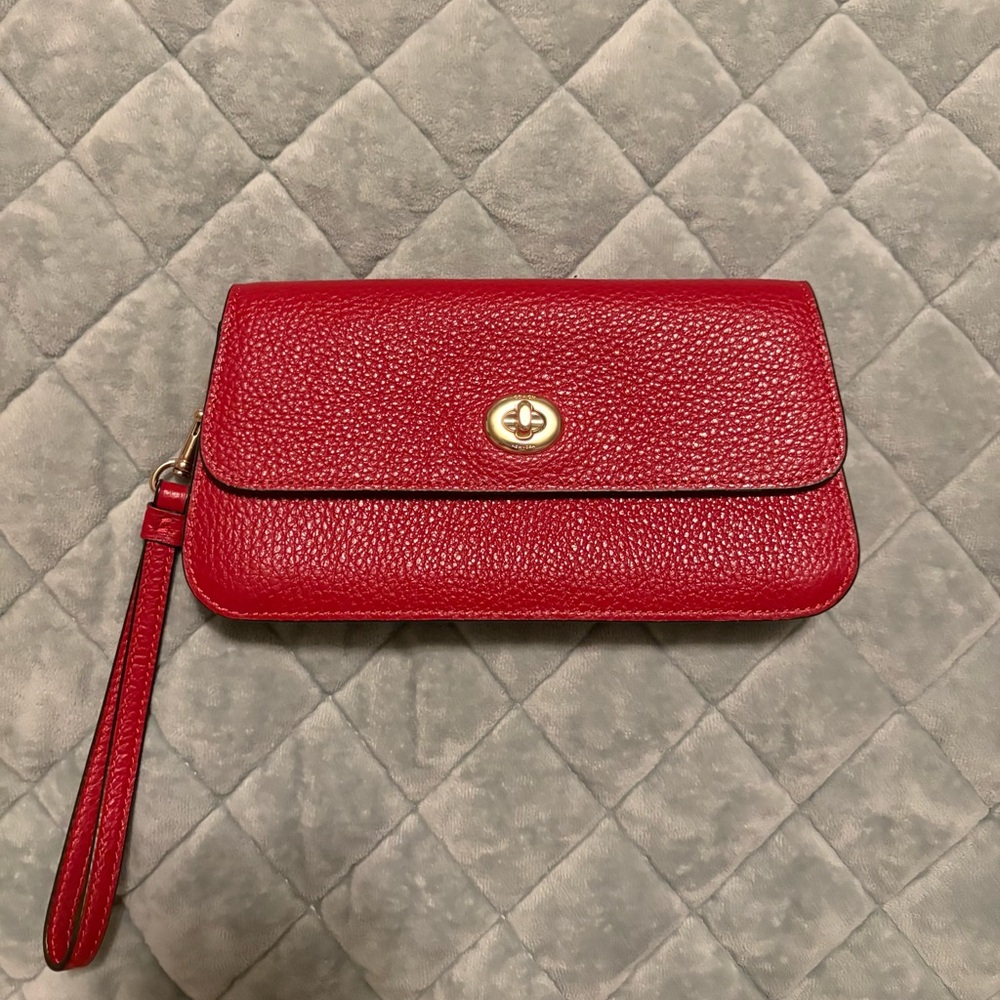 Coach Red Pebbled Leather Wristlet with Gold-Tone Turnlock